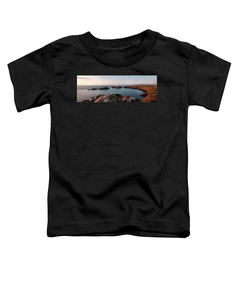 Panorama Toddler T-Shirt featuring the photograph Strumble Head Lighthouse sunset Pembrokeshire Coast Wales by Sonny Ryse
