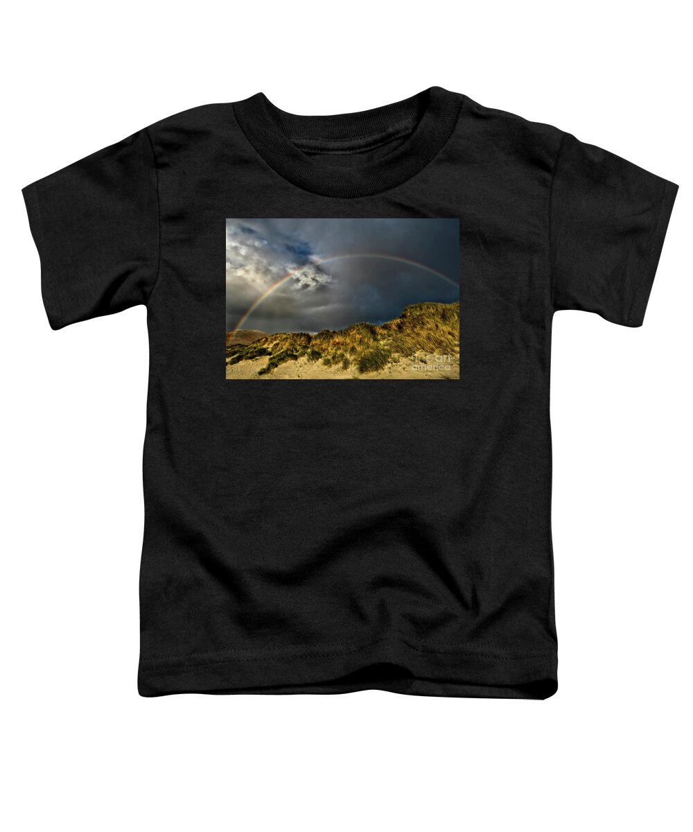 Dramatic Beauty Rainbow Sand Dunes Clouds Grass Landscape Wonderland Panoramic Beautiful West Highlands Elements Sun Rays Atmospheric Dawn Dusk Heavy Powerful Attractive Sky Stunning Delightful Magnificent Singular Transient Spectacular Glory Breath-taking Painterly Vivid Bright Vibrant Golden Autumn Colorful Yellow Artistic Inspirational Serene Tranquil Stylish Magic Poetic Striking Charming Glorious Impression Impressive Storm Thunder Hope Joy Pleasing Stimulating Rusty Fiery Thunderstorm Uk Toddler T-Shirt featuring the photograph Storm Is Gone Away - Dramatic Beauty Of Rainbow At Sand Dunes by Tatiana Bogracheva