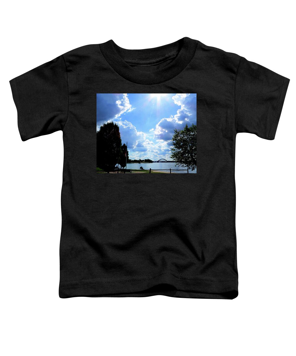 Clouds Toddler T-Shirt featuring the photograph Sunburst Over the Delaware River in Riverton, New Jersey by Linda Stern