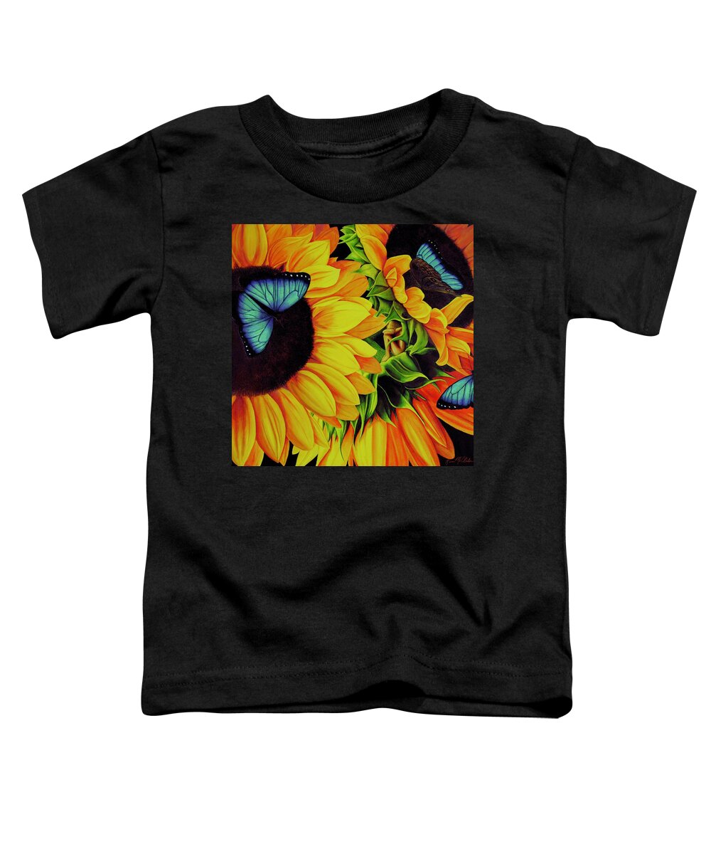 Kim Mcclinton Toddler T-Shirt featuring the painting Blue Morpho Sunflower Dream by Kim McClinton