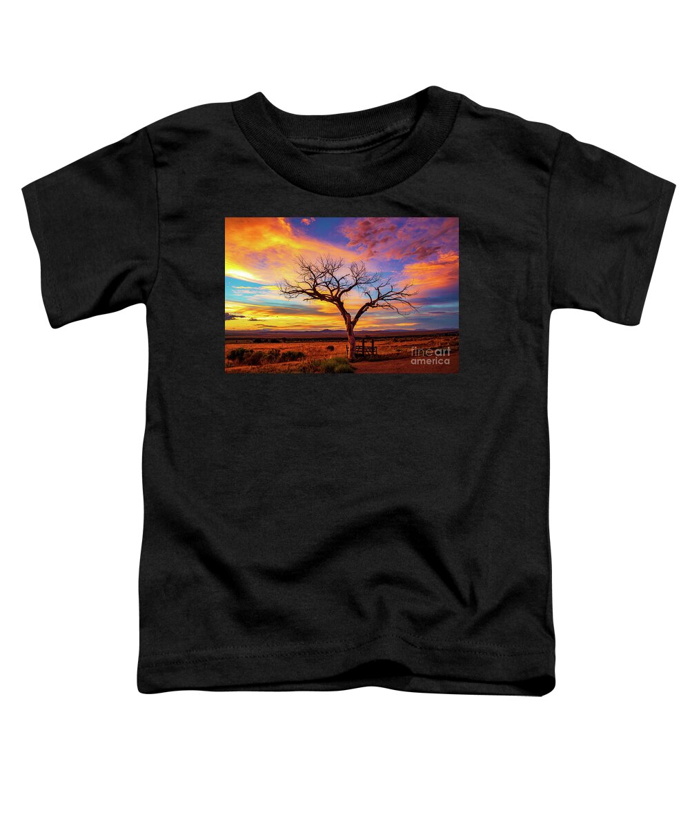 Taos Toddler T-Shirt featuring the photograph Taos Welcome Tree with amazing sunset by Elijah Rael