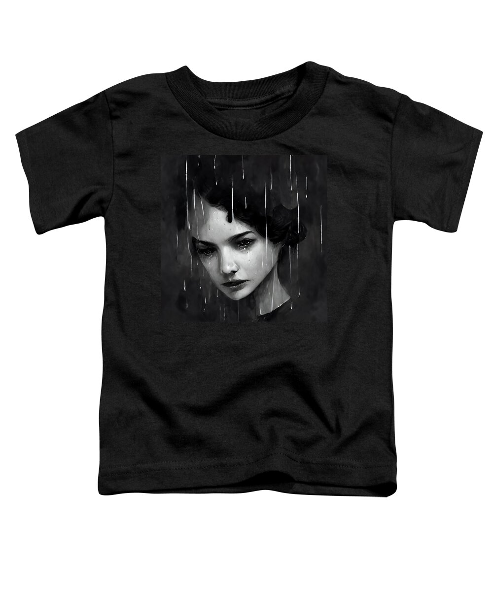 Woman Toddler T-Shirt featuring the digital art Tears in the rain 01 Woman Portrait black and white by Matthias Hauser