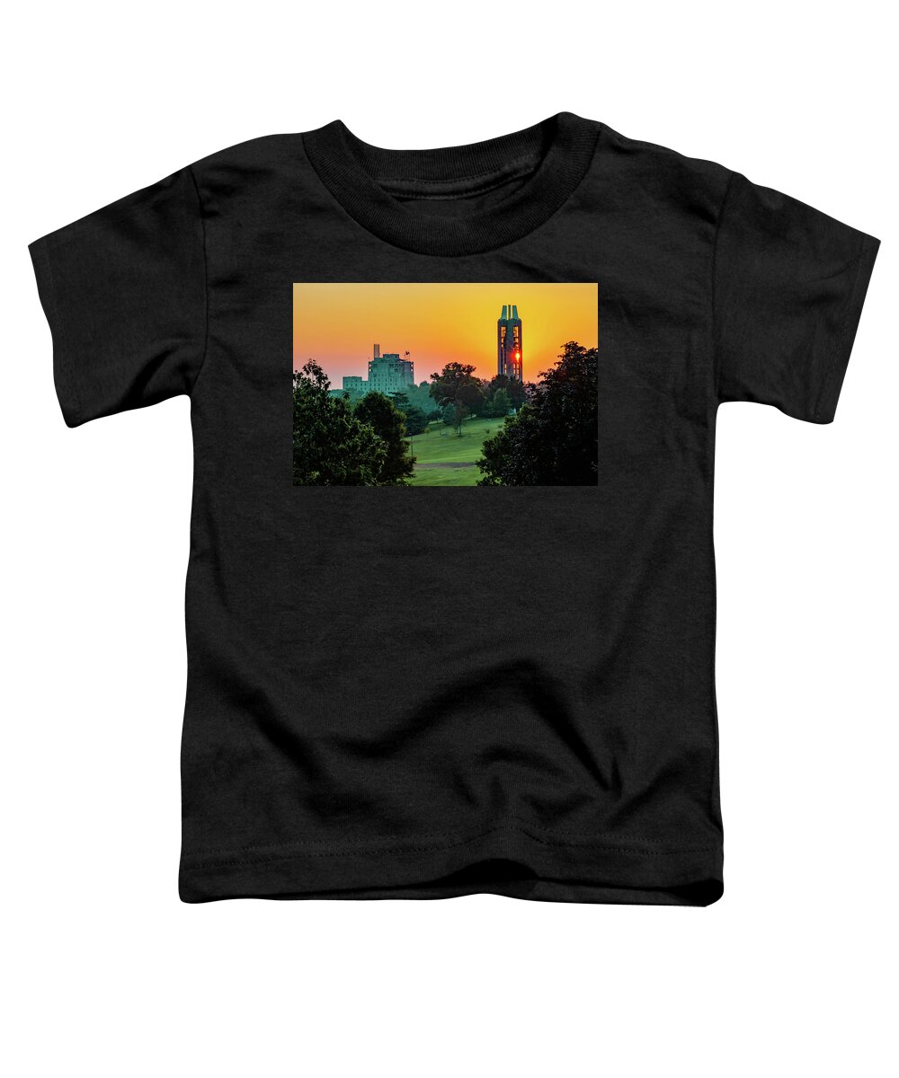 University Of Kansas Toddler T-Shirt featuring the photograph The Campanile Tower on Mt. Oread Over Kaw Valley at Sunrise - University of Kansas by Gregory Ballos