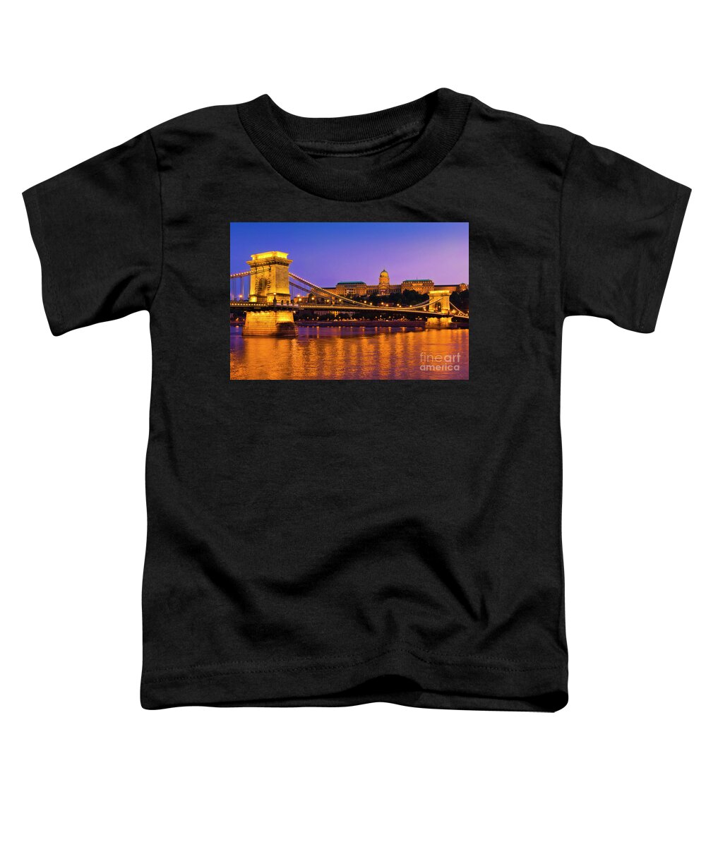 Budapest Chain Bridge Toddler T-Shirt featuring the photograph The Chain Bridge over the river Danube with the Hungarian National Gallery, Budapest, Hungary by Neale And Judith Clark