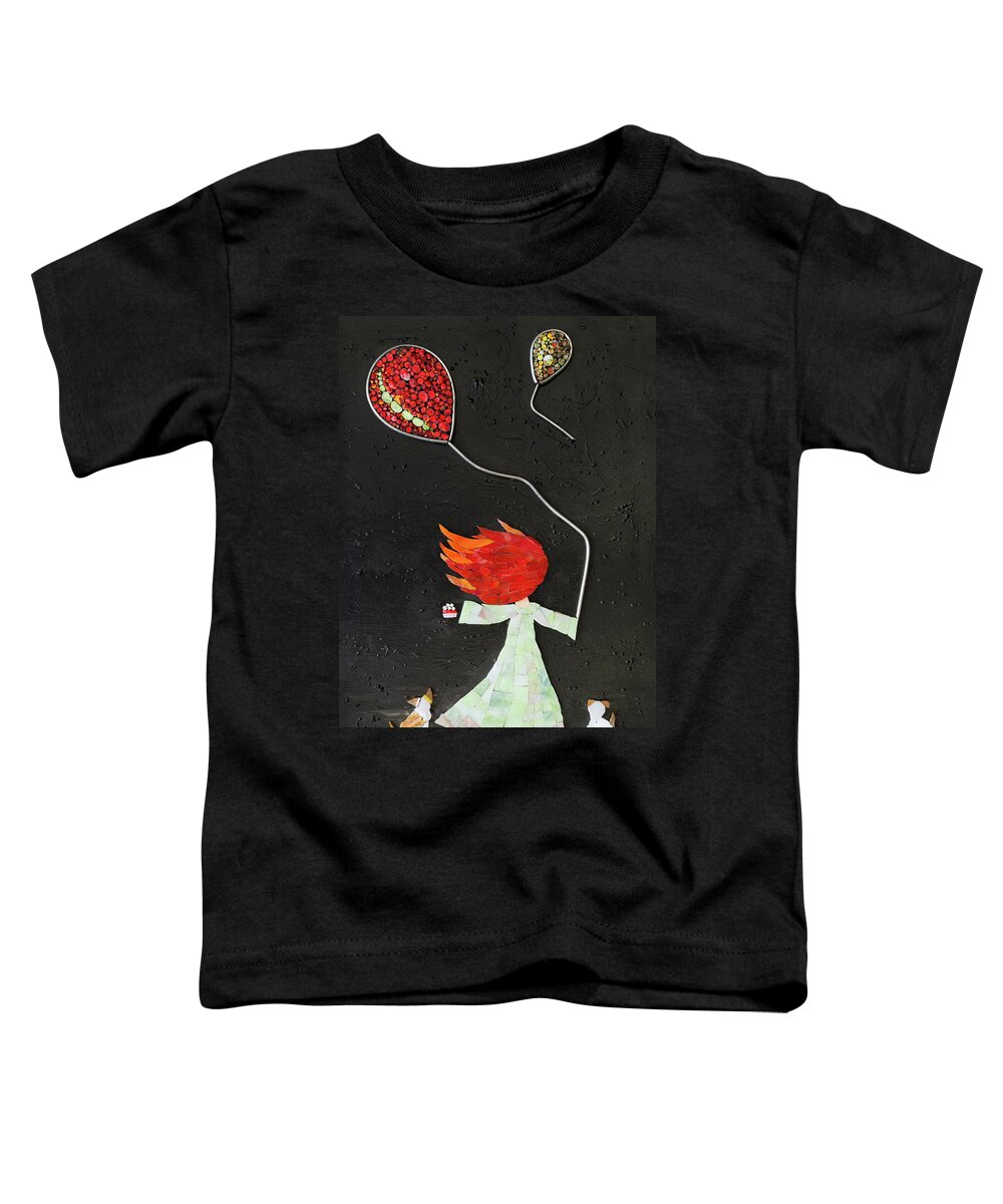 Girl Toddler T-Shirt featuring the glass art The girl with two balloons and two small dogs by Adriana Zoon