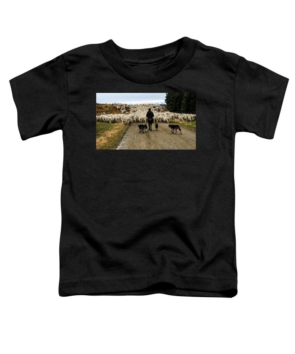 New Zealand Toddler T-Shirt featuring the photograph While Shepherds Watched - High Country Muster, South Island, New Zealand by Earth And Spirit