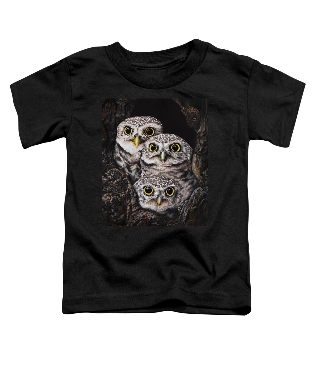 Nikita Coulombe Toddler T-Shirt featuring the painting Three Little Owls by Nikita Coulombe