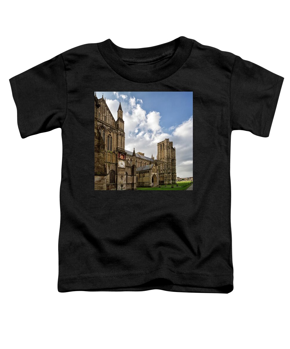 Wells Toddler T-Shirt featuring the photograph Wells Cathedral and Clock by Shirley Mitchell