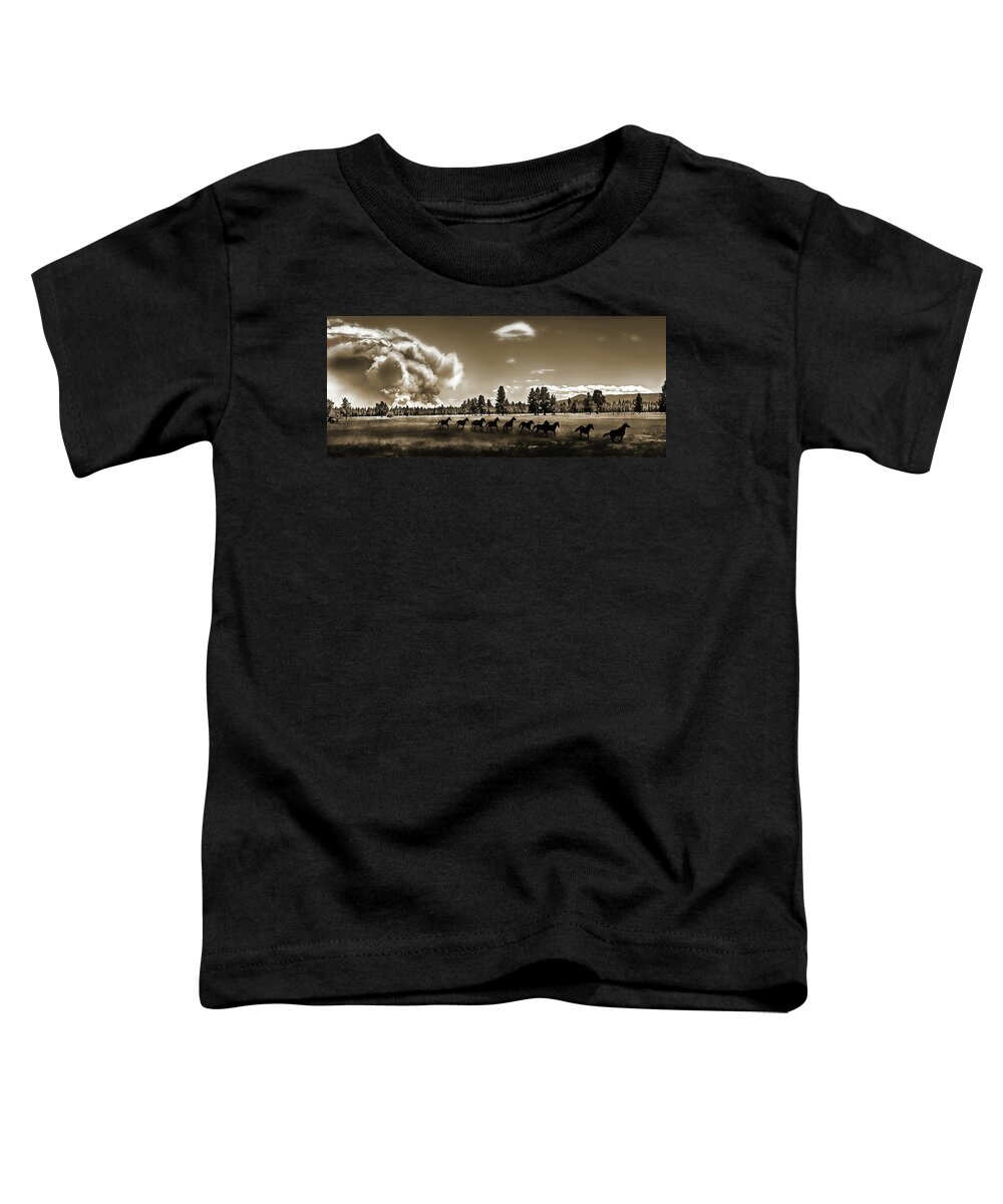 Fire Toddler T-Shirt featuring the photograph Wild Horse Fire, Sepia by Don Schimmel