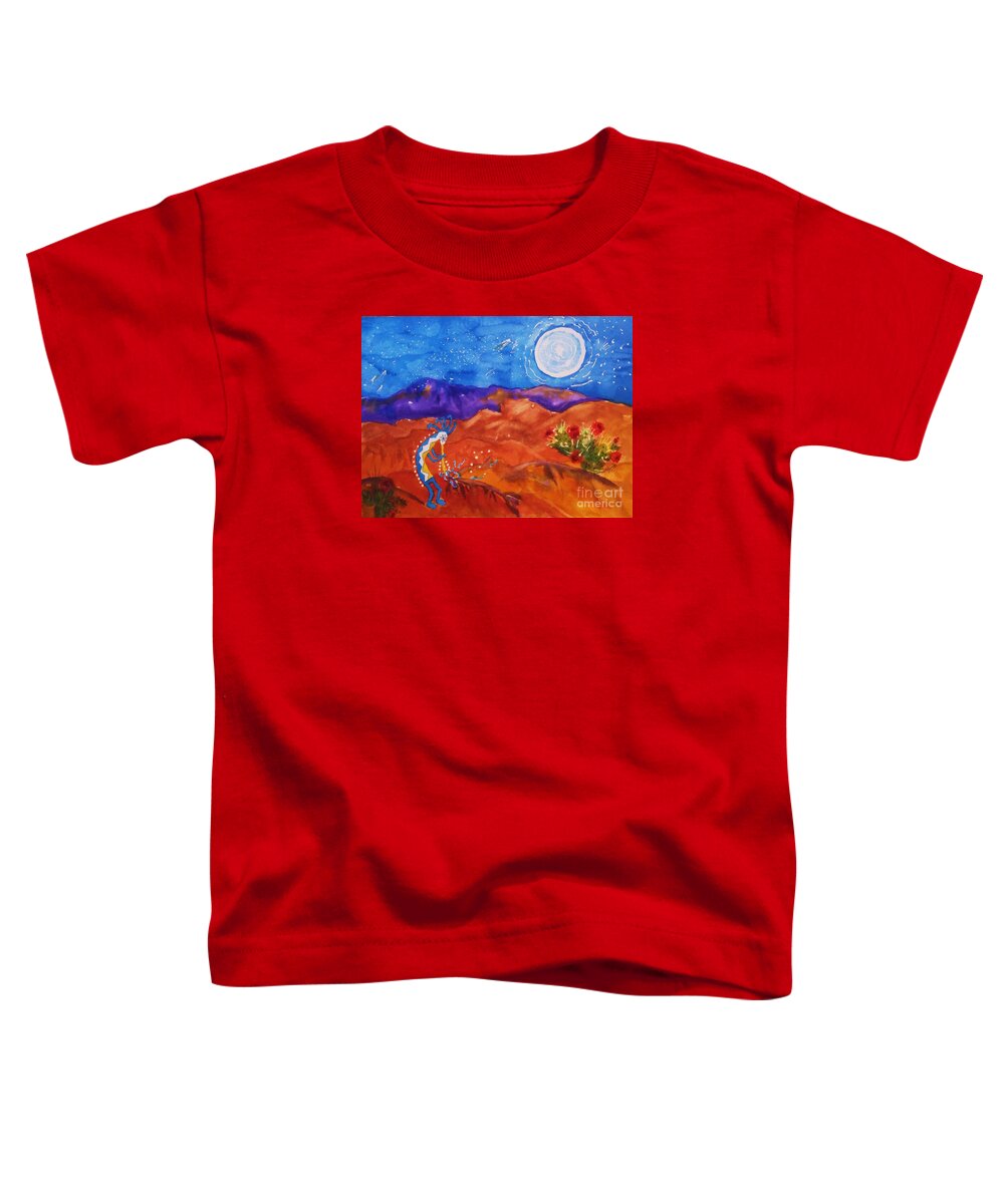 Kokopelli Toddler T-Shirt featuring the painting Kokopelli Playing To The Moon by Ellen Levinson