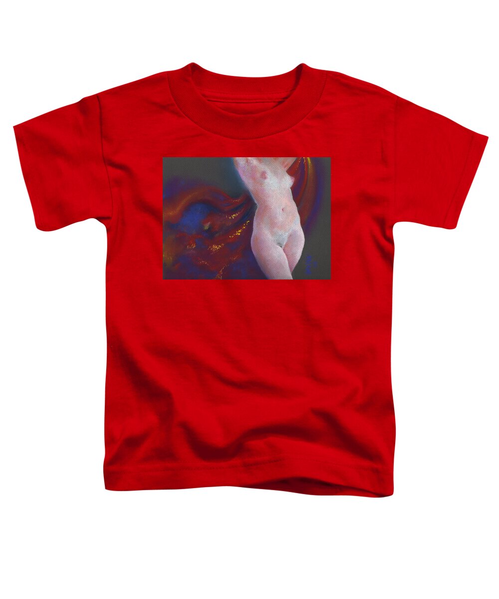 Female Nude Toddler T-Shirt featuring the pastel Nude Female Torso in Bright Light from Front with Radiant Red Cloth Flowing Behind with Gold Sparkle by Scott Kirkman