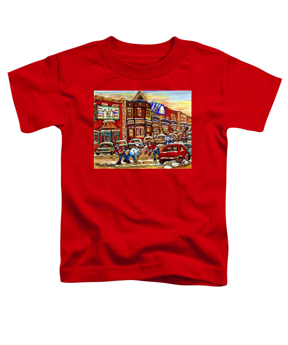 Montreal Toddler T-Shirt featuring the painting Paintings Of Fairmount Bagel Street Hockey Game Near Chez Vito Montreal Art Winter City Cspandau by Carole Spandau