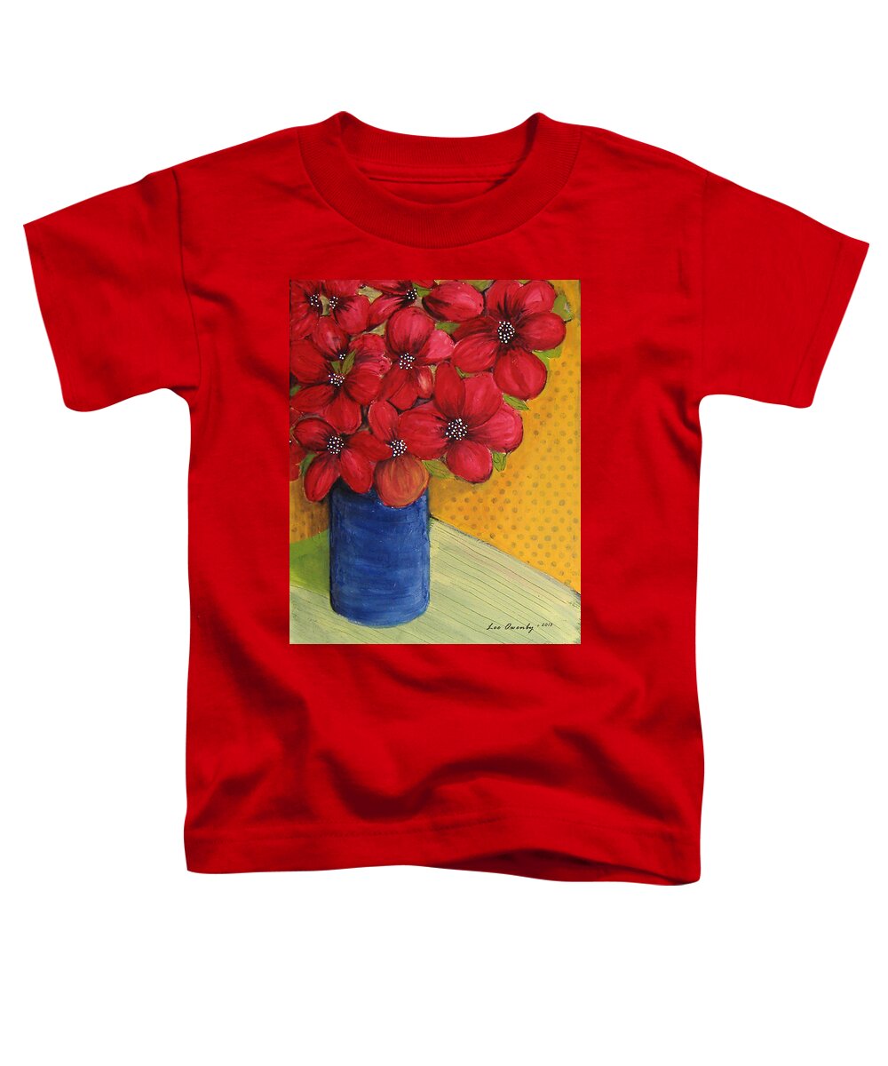 Red Flowers Toddler T-Shirt featuring the painting Red Flowers In A Blue Vase by Lee Owenby