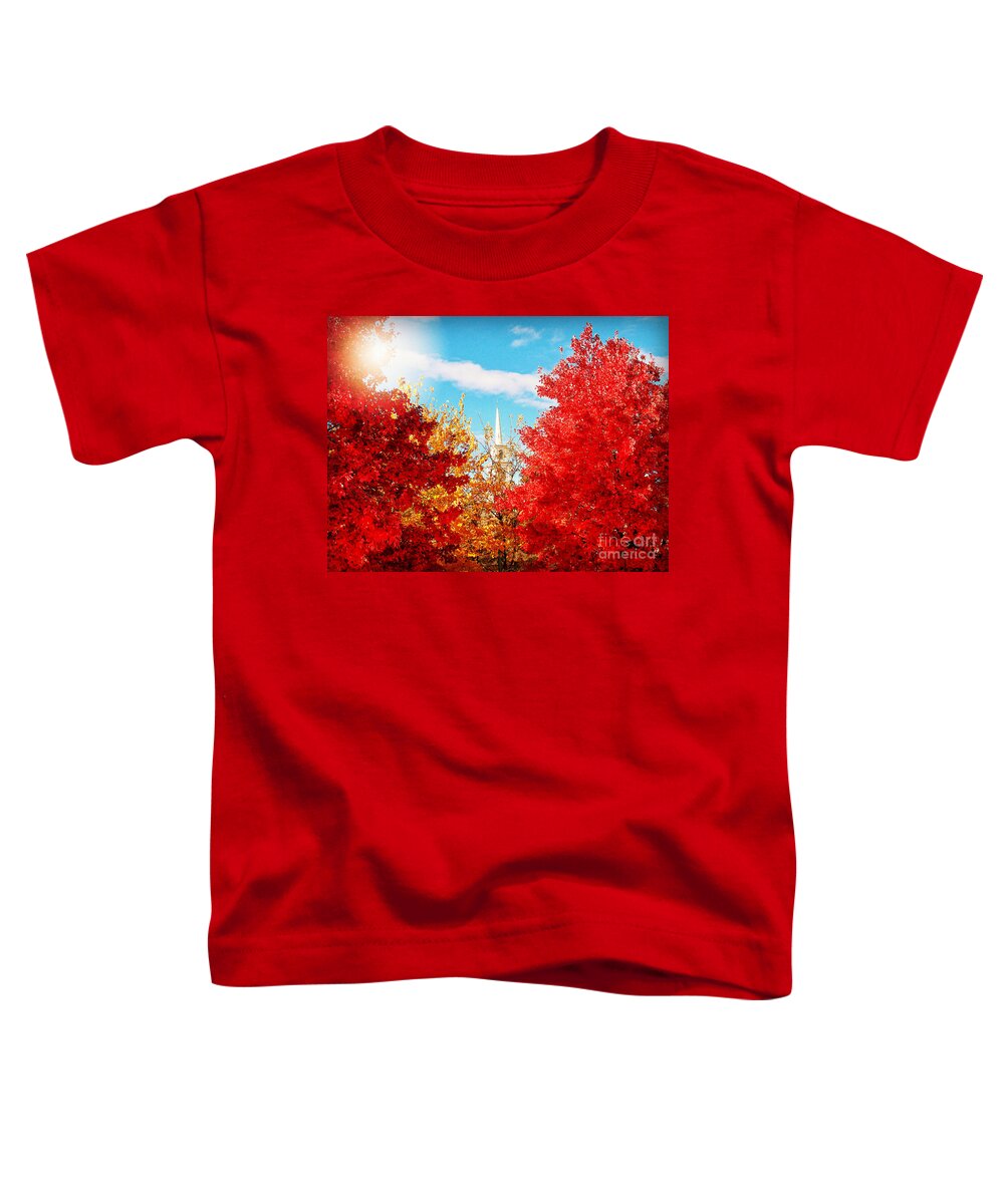 Nature Toddler T-Shirt featuring the photograph Steeple with Red and Yellow Autumn Trees by Miriam Danar