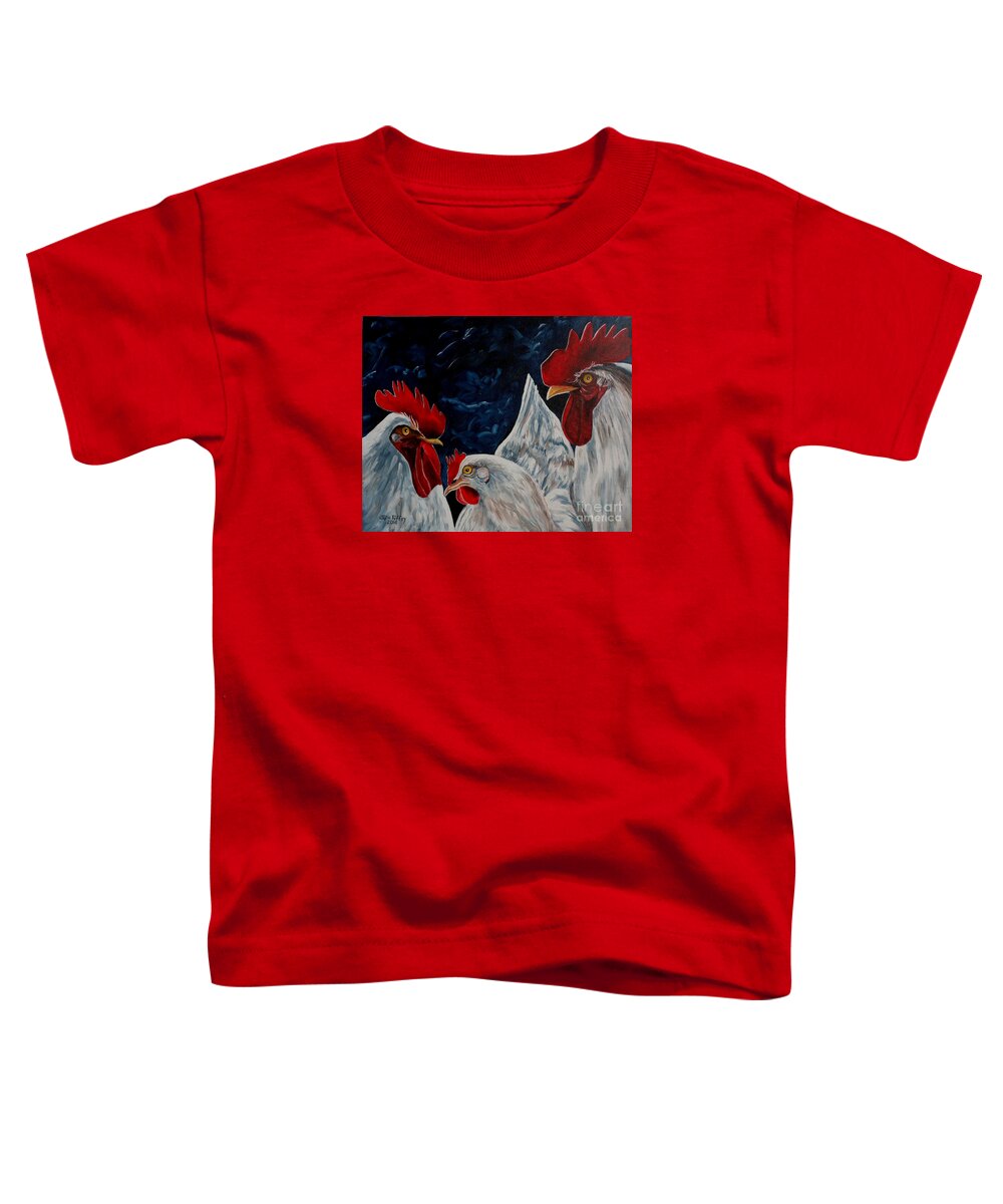Rooster Toddler T-Shirt featuring the painting Three's A Crowd  -  Roosters -Chicken by Julie Brugh Riffey