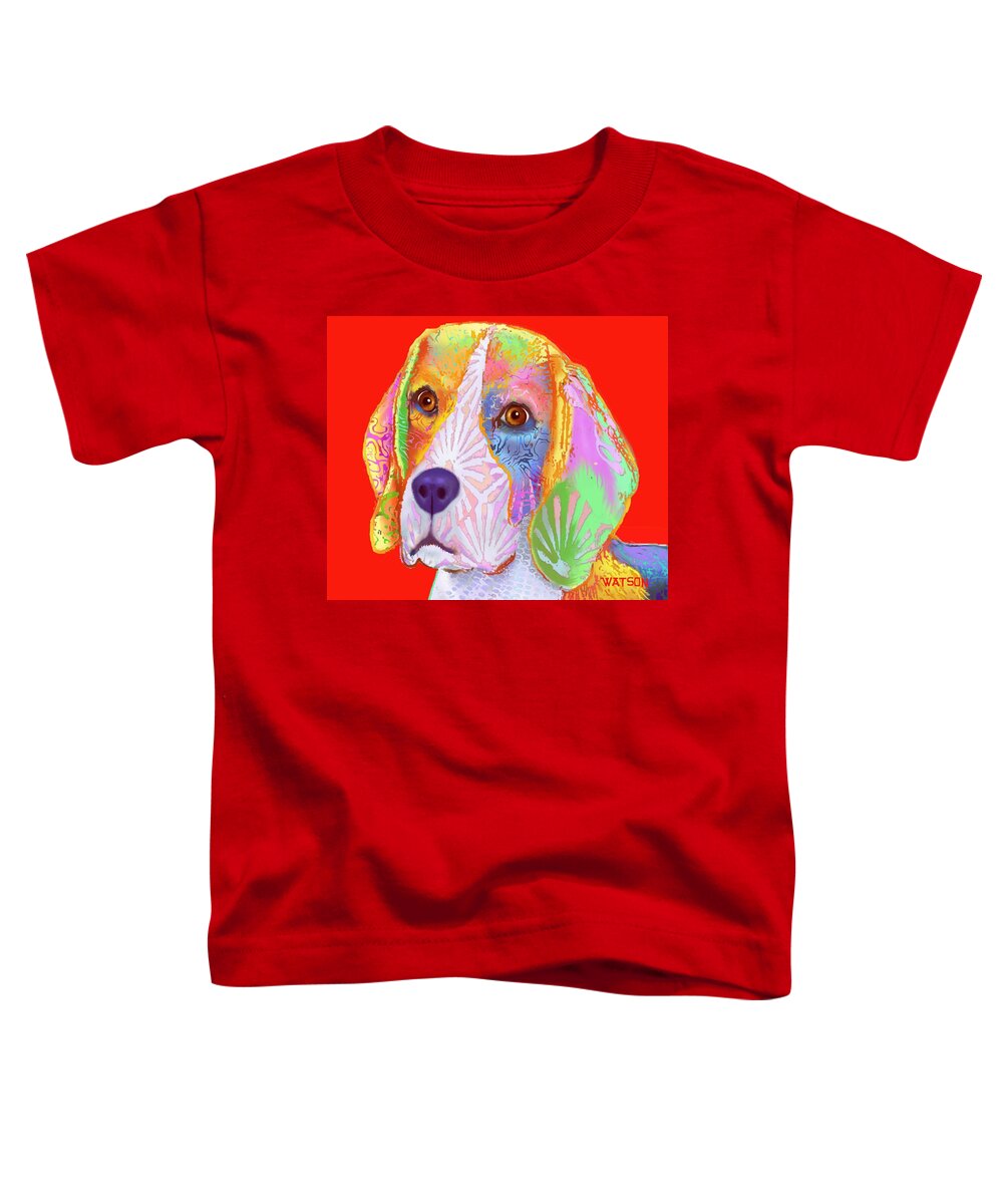 Red Background Toddler T-Shirt featuring the digital art Young Beagle by Marlene Watson