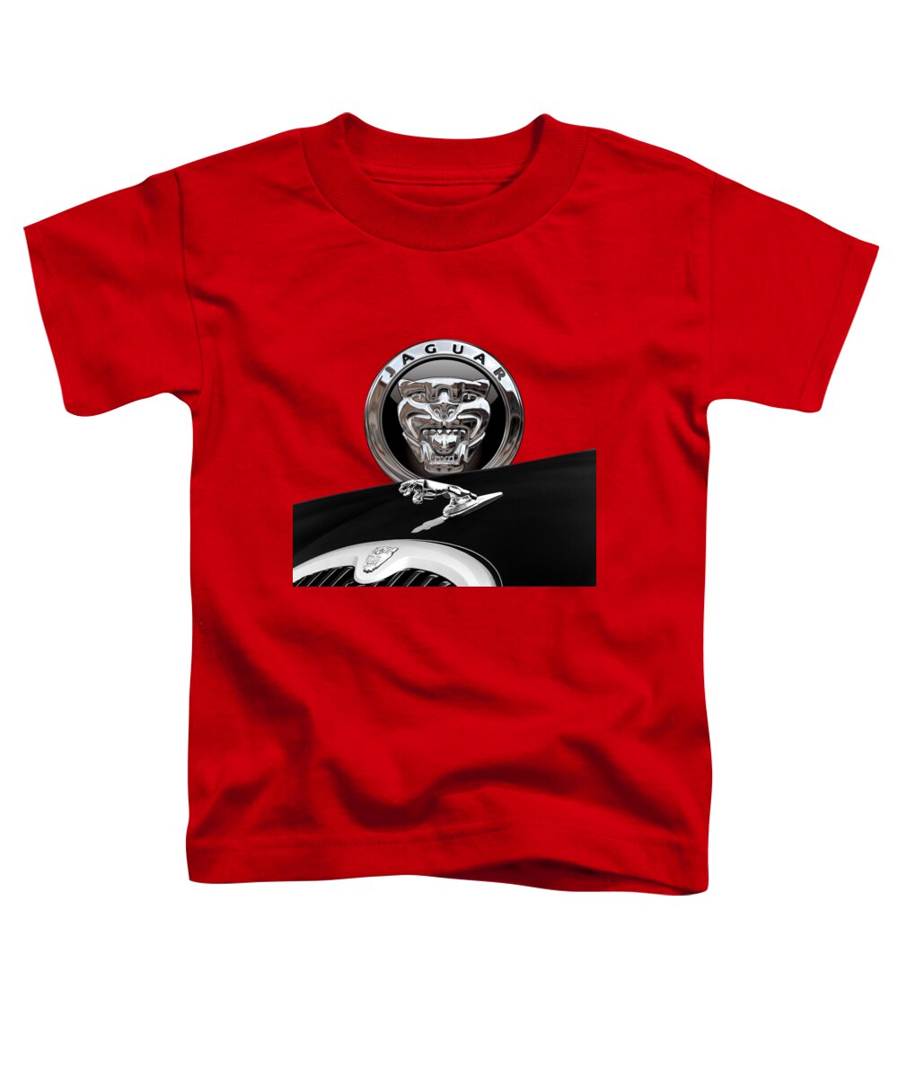 'auto Badges' Collection By Serge Averbukh Toddler T-Shirt featuring the photograph Black Jaguar - Hood Ornaments and 3 D Badge on Red #1 by Serge Averbukh