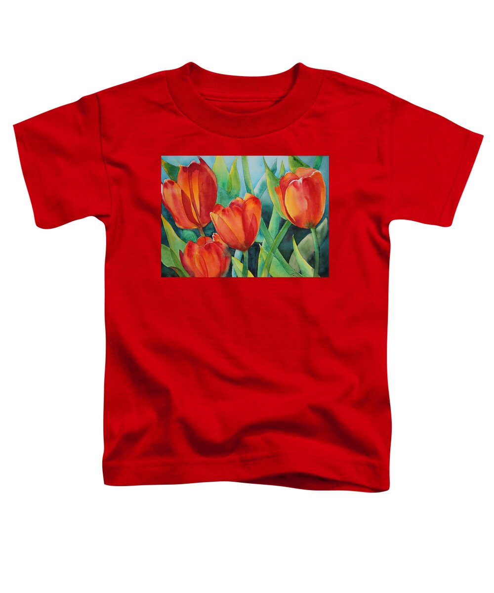 Red Flowers Toddler T-Shirt featuring the painting 4 Red Tulips by Ruth Kamenev