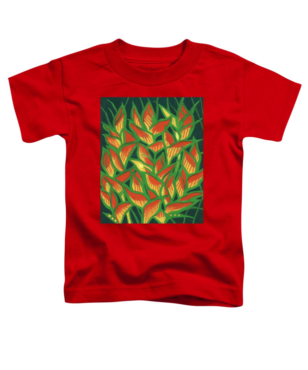 Clipsocallipso Toddler T-Shirt featuring the painting Lobster Claw / Heliconia Rostrata, tropic flowers, green, yellow and orange by Julia Khoroshikh