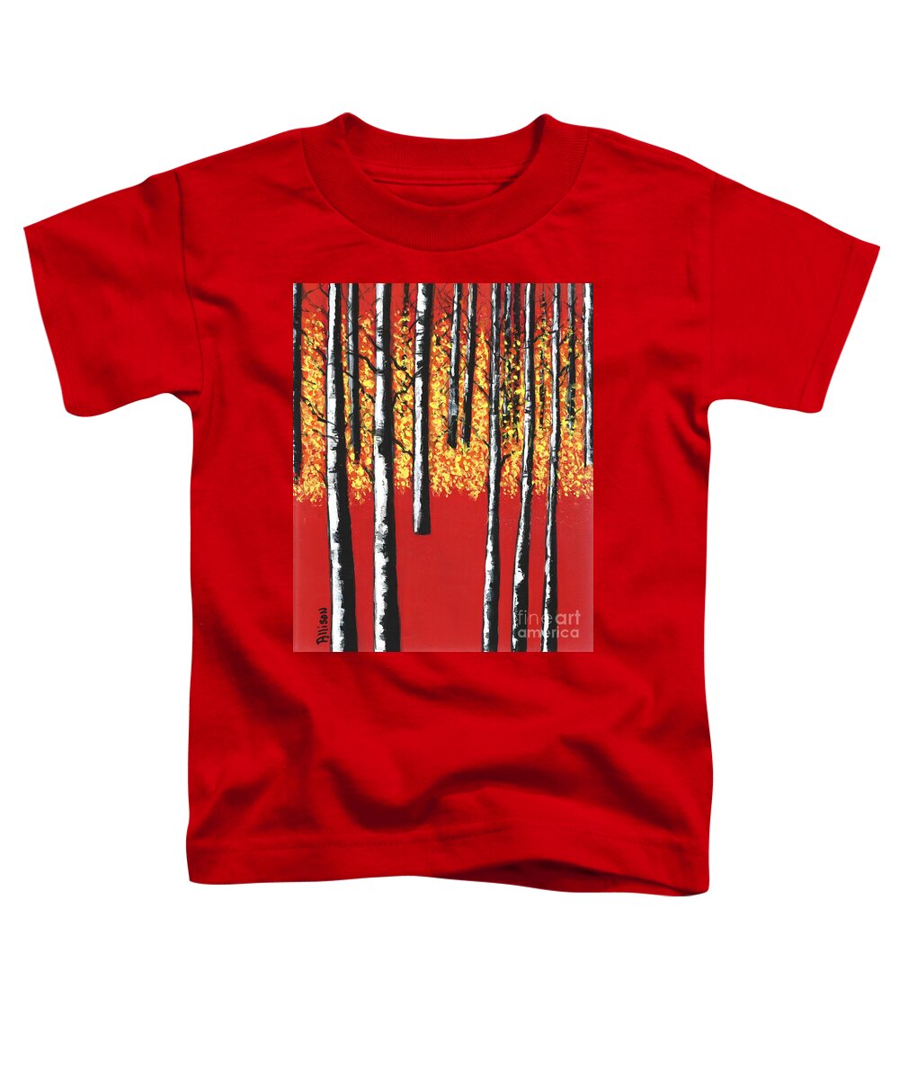 #trees #birches #forests #woods #woodlands #red #yellow #blackandwhite Toddler T-Shirt featuring the painting Blazing Birches by Allison Constantino