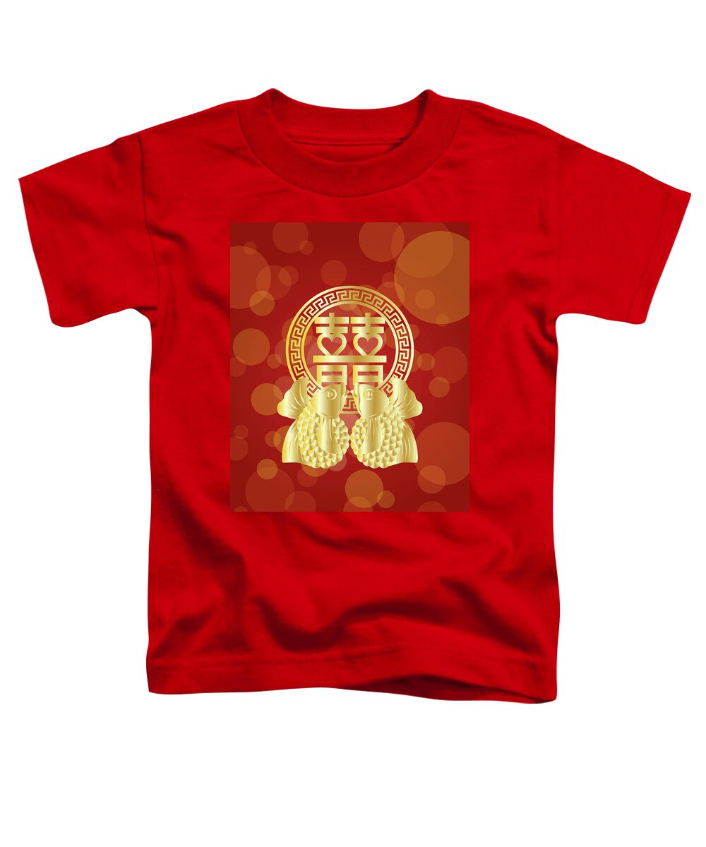 Koi Toddler T-Shirt featuring the digital art Chinese Double Happiness Koi Fish Red background by Jit Lim