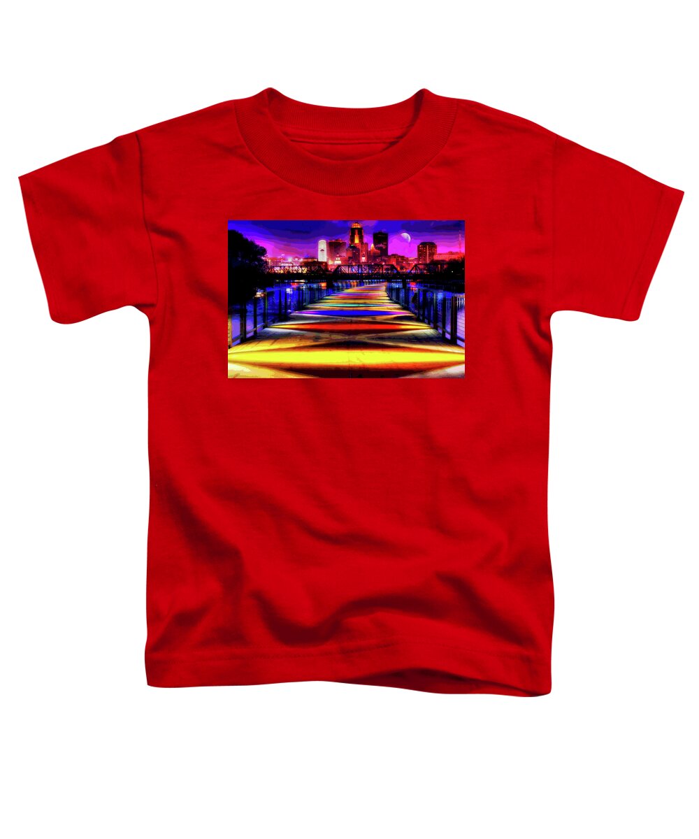 Des Moines Toddler T-Shirt featuring the digital art Des Moines Gray's Lake Bridge Cityscape by Mary Clanahan