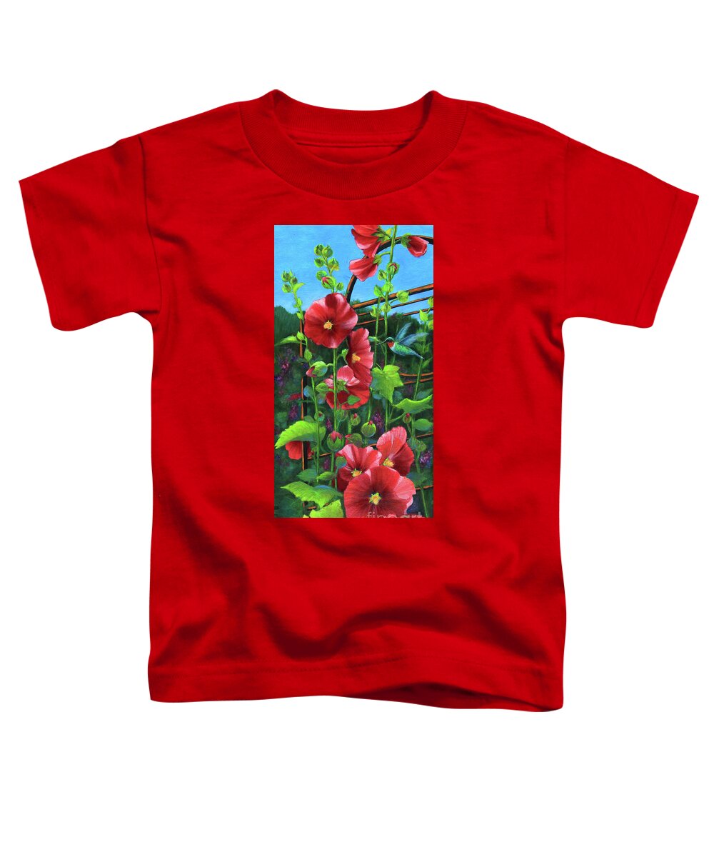 Hollyhock Toddler T-Shirt featuring the painting Hollyhocks and Hummingbird by Jeanette French