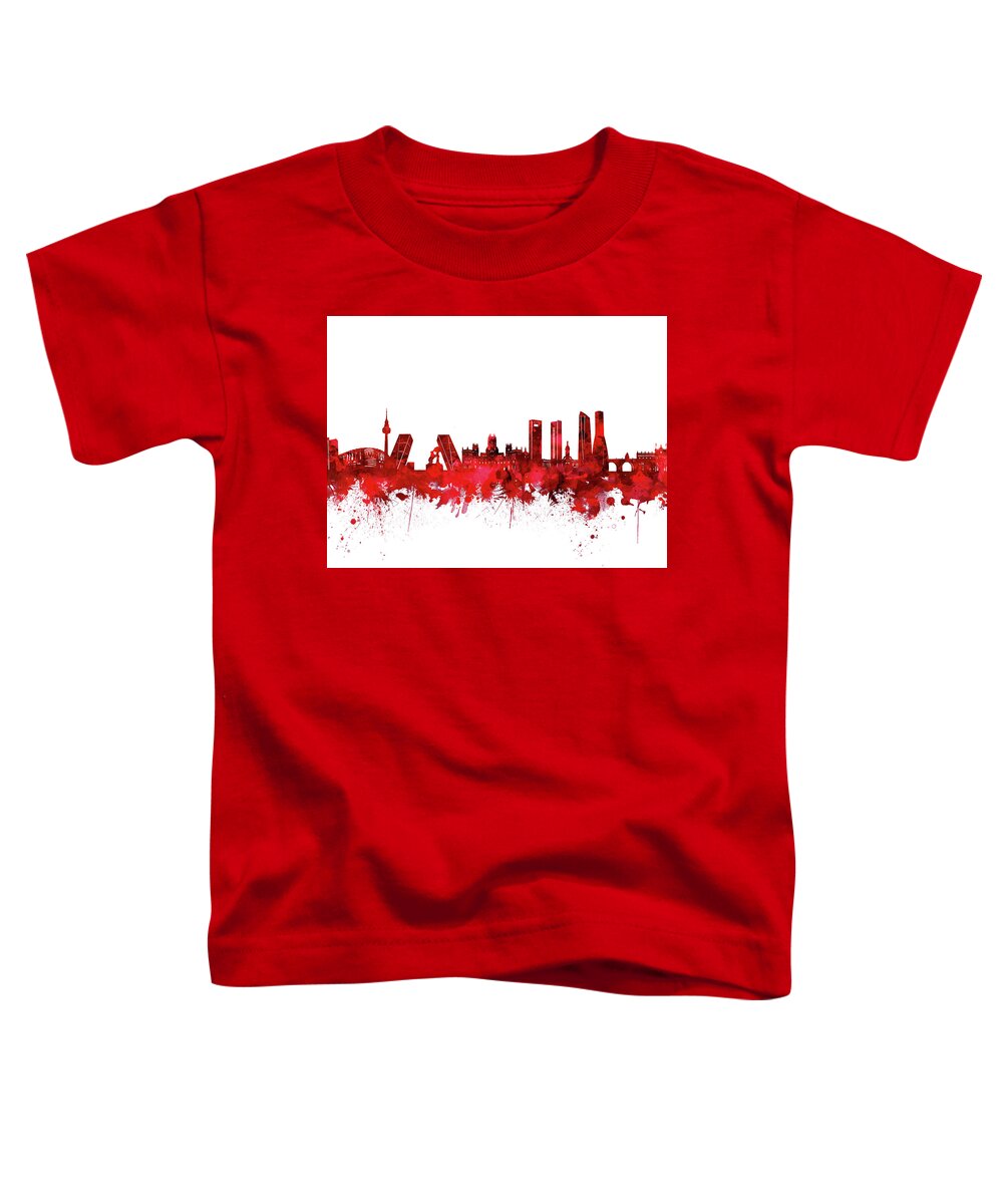 Madrid Toddler T-Shirt featuring the digital art Madrid City Skyline Watercolor Red by Bekim M
