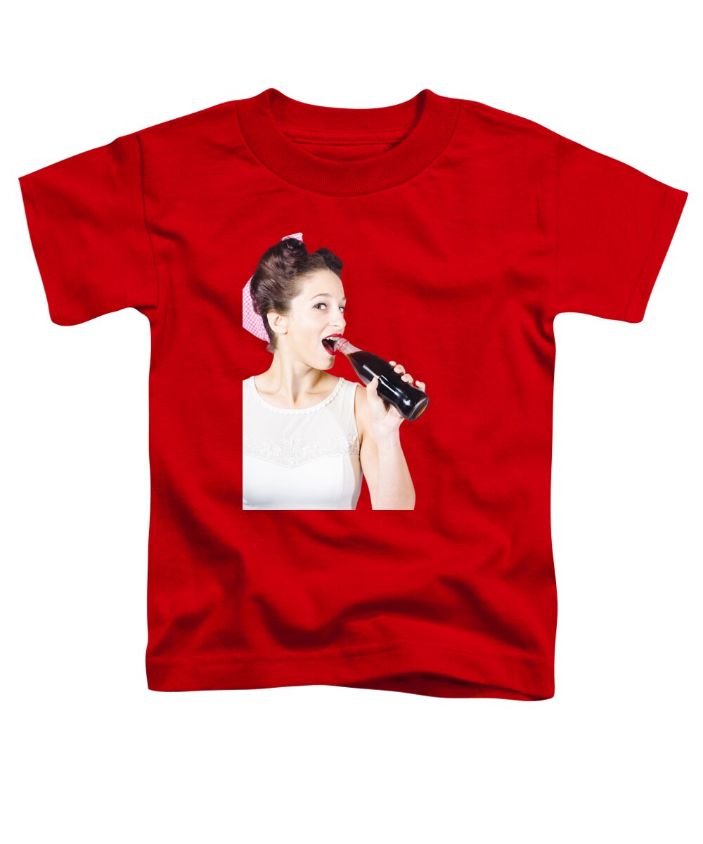 Soft Drink Toddler T-Shirt featuring the photograph Old-fashion pop art girl drinking from soda bottle by Jorgo Photography
