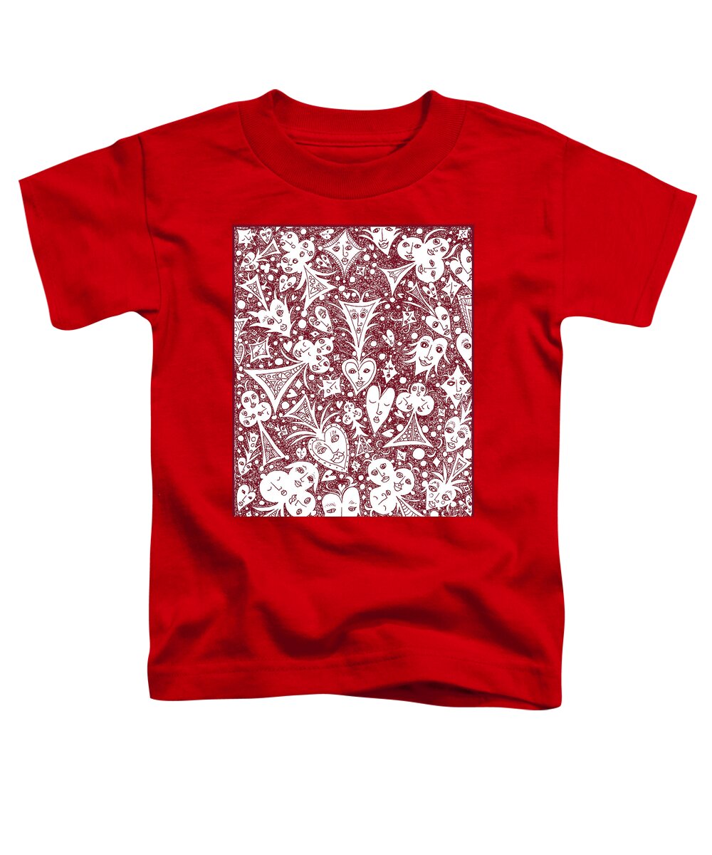 Lise Winne Toddler T-Shirt featuring the drawing Playing Card Symbols with Faces in Red by Lise Winne