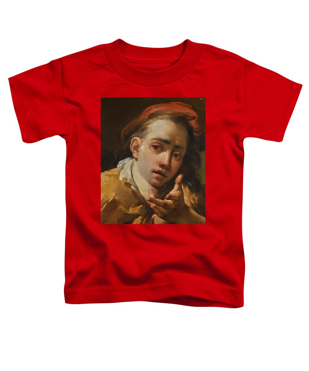 Gaetano Gandolfi Toddler T-Shirt featuring the painting Portrait of a Young Man, Bust-Length, wearing a red Cap and gesturing to the Viewer by Gaetano Gandolfi