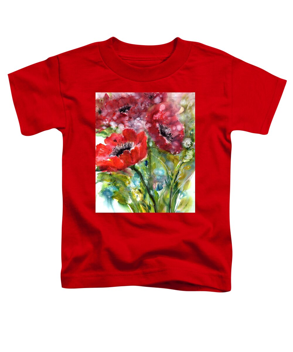 Red Anemone Flowers Toddler T-Shirt featuring the painting Red Anemone Flowers by Sabina Von Arx
