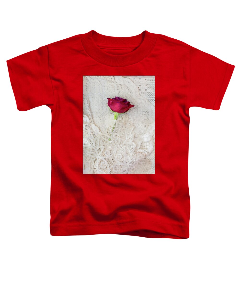 Red Toddler T-Shirt featuring the photograph Red Rose on Lace by Susan Gary