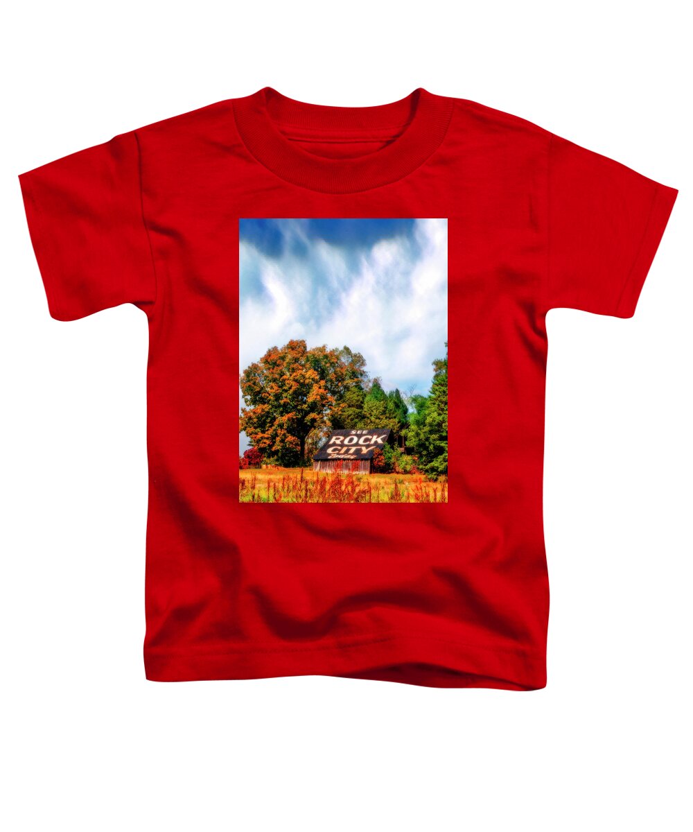 American Toddler T-Shirt featuring the photograph Rock City Barn II Autumn Fog by Debra and Dave Vanderlaan