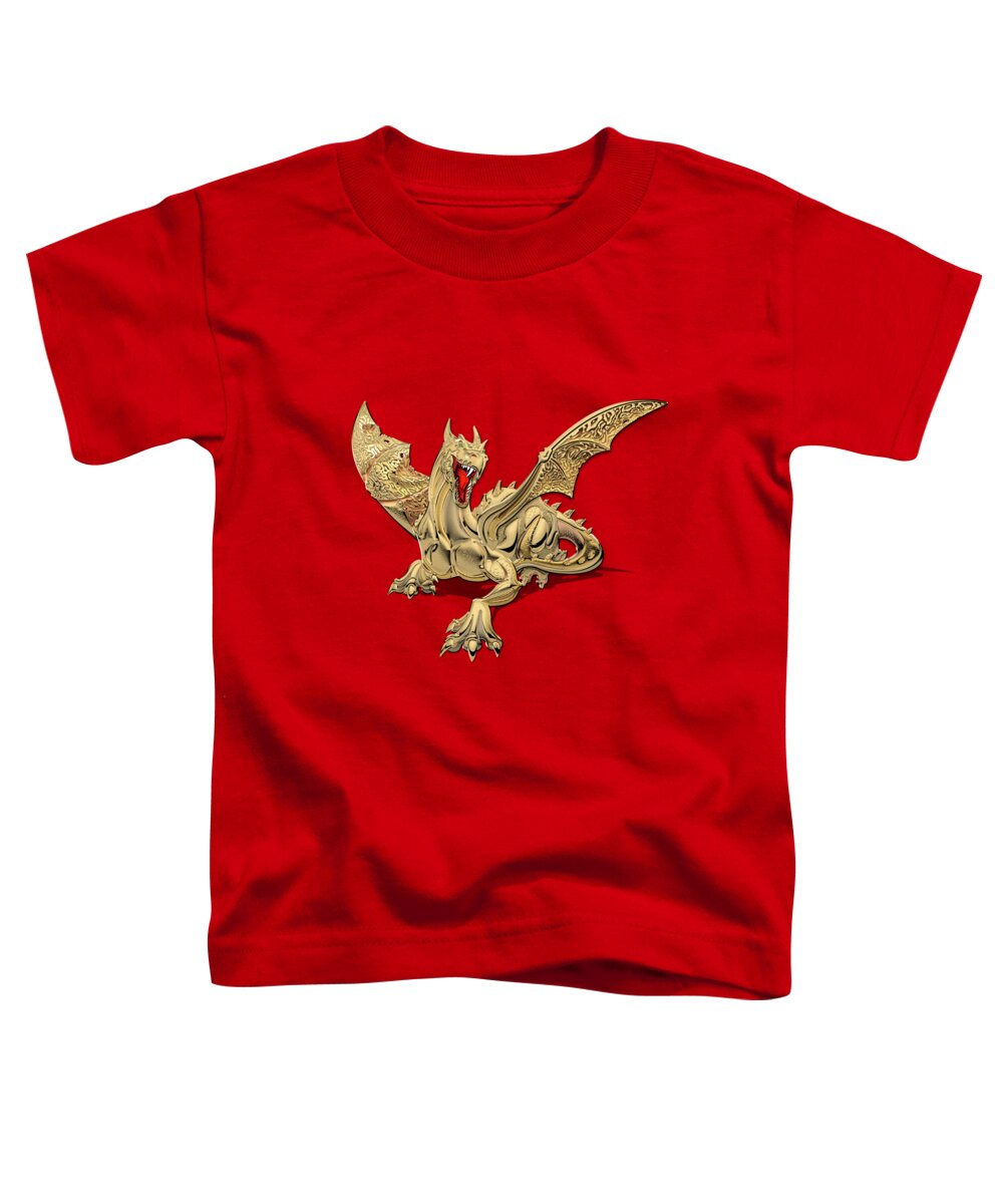 'the Great Dragon Spirits' Collection By Serge Averbukh Toddler T-Shirt featuring the digital art The Great Dragon Spirits - Golden Guardian Dragon on Red and Black Canvas by Serge Averbukh
