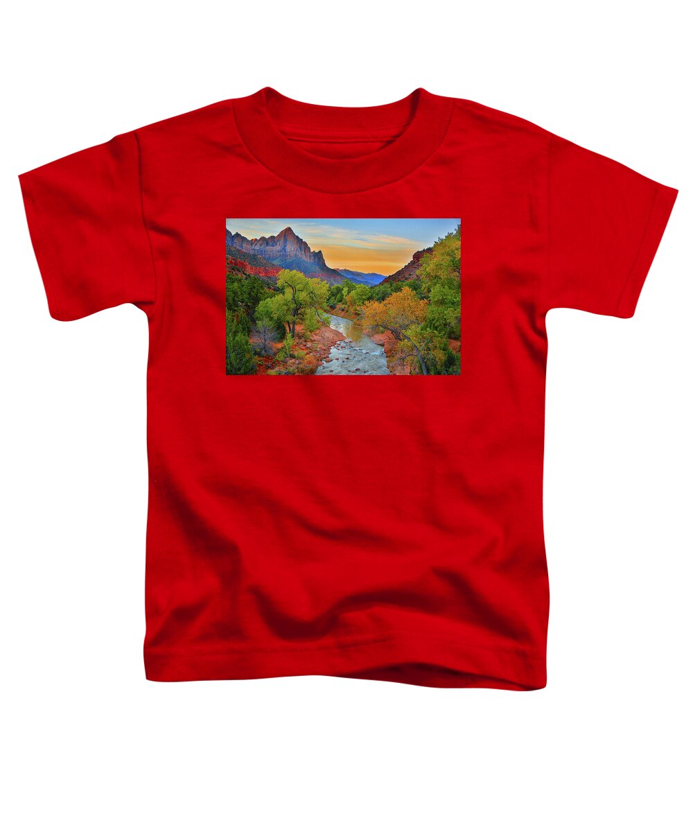 The Watchman And The Virgin River Toddler T-Shirt featuring the photograph The Watchman and the Virgin River by Raymond Salani III