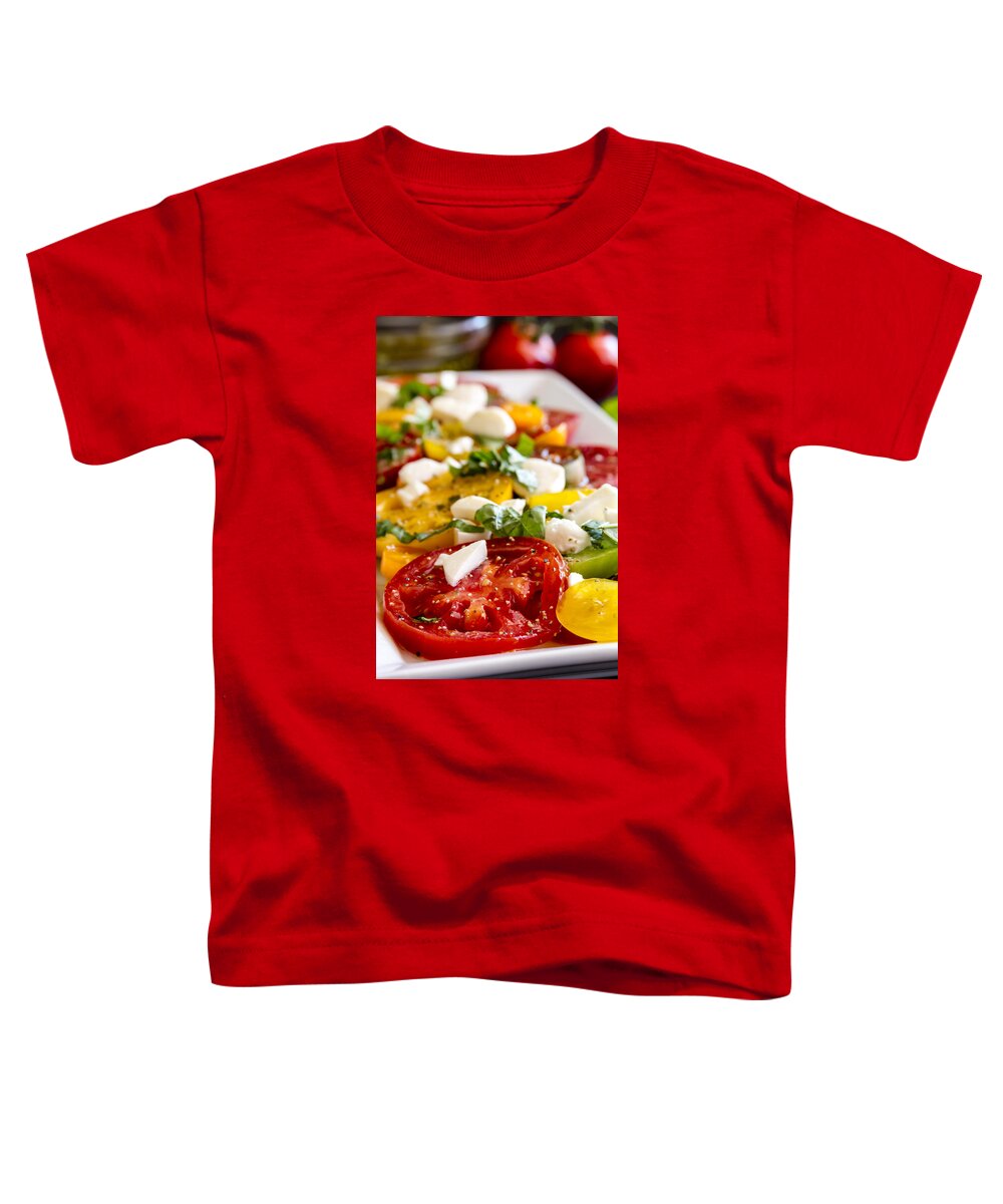 Autumn Toddler T-Shirt featuring the photograph Tomatoes, Basil and Cheese by Teri Virbickis