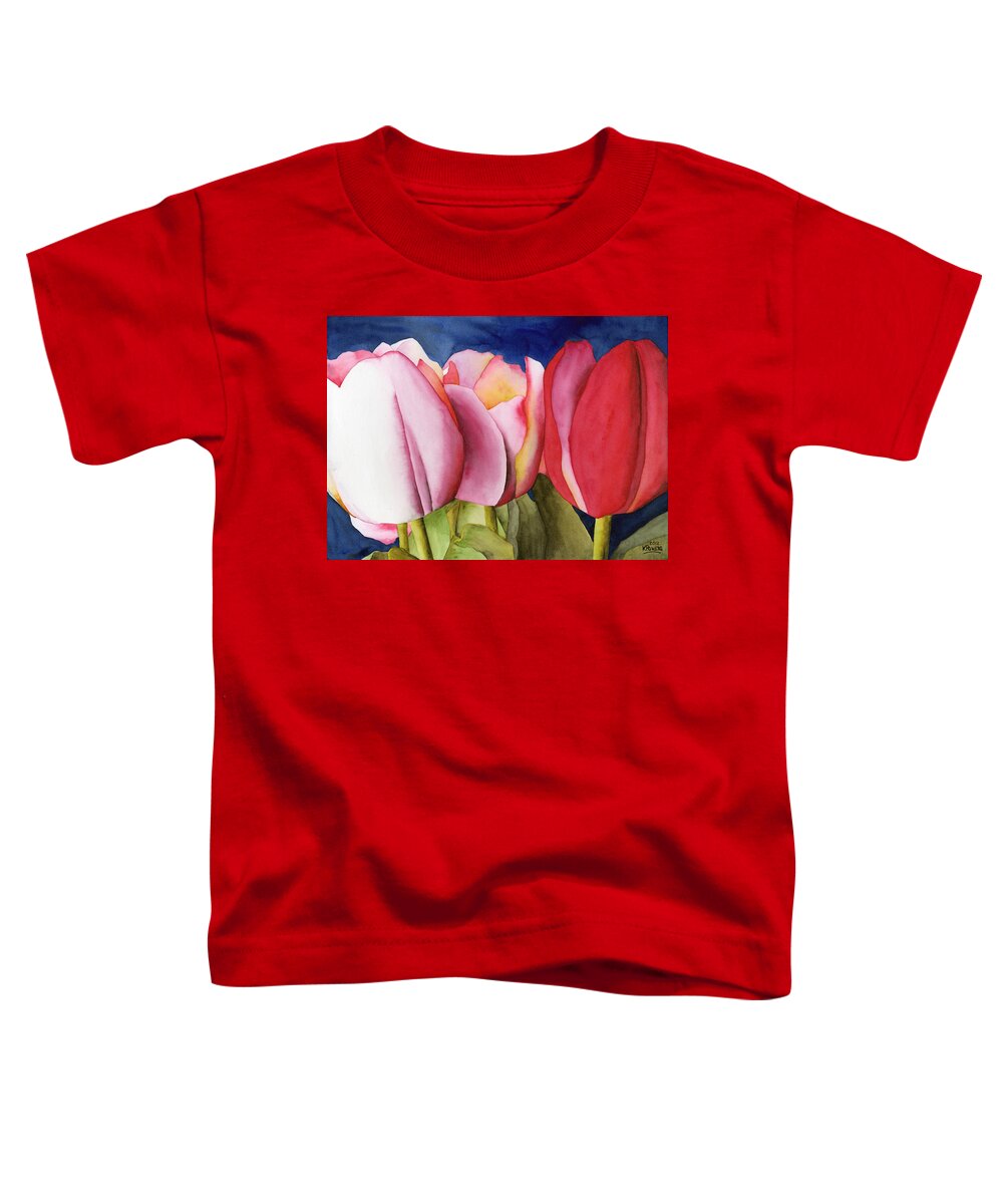 Watercolor Toddler T-Shirt featuring the painting Triple Tulips by Ken Powers