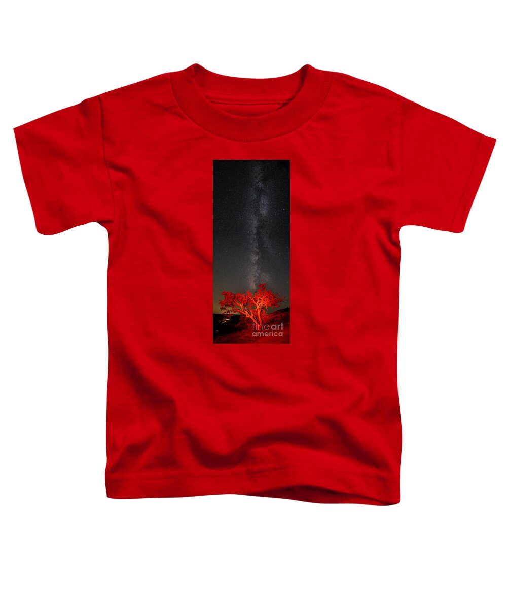 Enchanted Rock Toddler T-Shirt featuring the photograph Watching in Awe as the Milky Way Rises Panorama - Enchanted Rock Fredericksburg Texas Hill Country by Silvio Ligutti