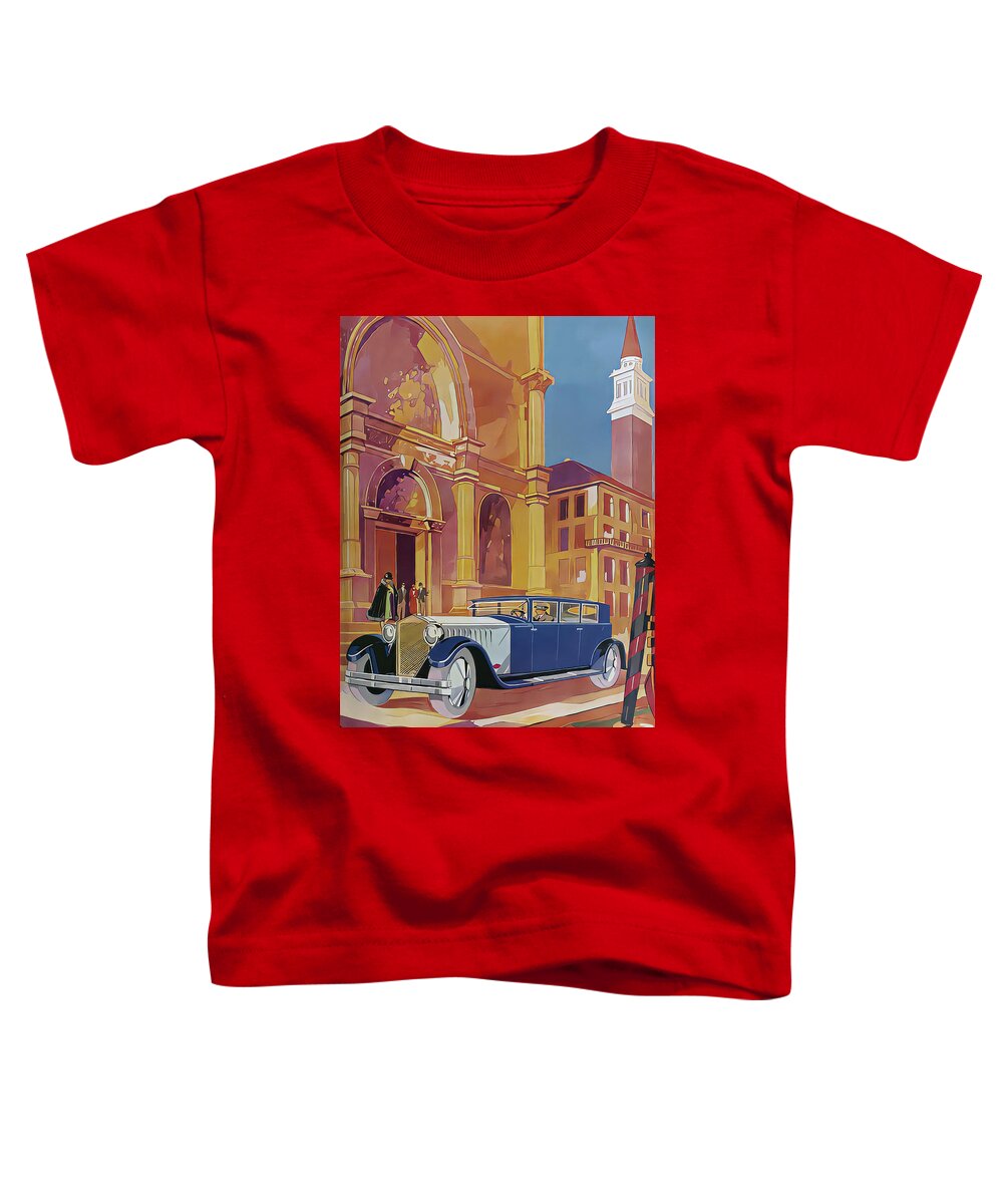 Vintage Toddler T-Shirt featuring the mixed media 1927 Minerva Limousine With Driver And Guests Town Setting Original French Art Deco Illustration by Retrographs