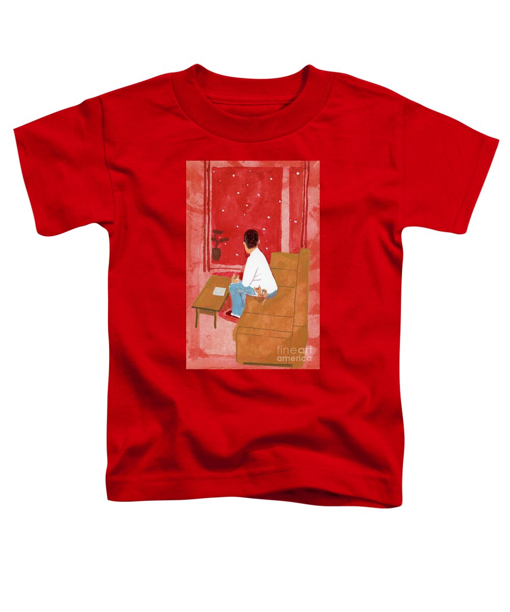 A Man Watching The City Of Snow From The Living Room Toddler T-Shirt featuring the painting A Man Watching The City Of Snow From The Living Room by Hiroyuki Izutsu