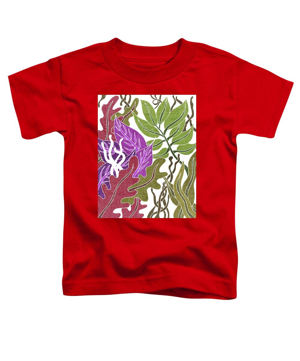 Leaf Toddler T-Shirt featuring the mixed media Assortment of Leaves 3 - Exotic Boho Leaf Pattern - Colorful, Modern, Tropical Art - Olive, Violet by Studio Grafiikka