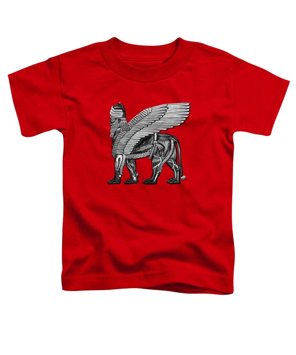 Treasures Of Mesopotamia Collection By Serge Averbukh Toddler T-Shirt featuring the digital art Assyrian Winged Lion - Silver and Black Lamassu over Red Leather by Serge Averbukh