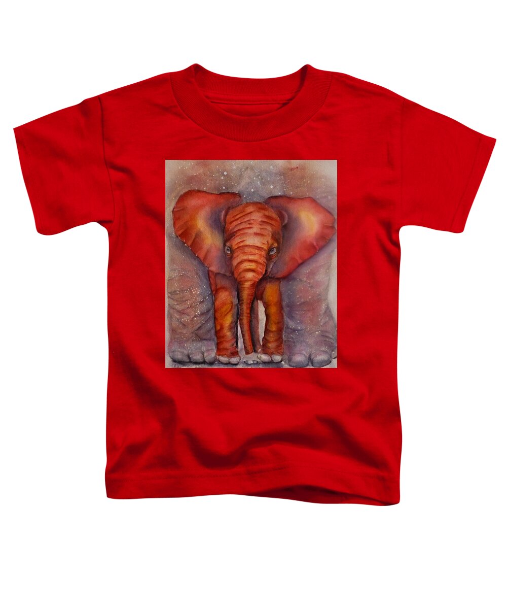 The Playroom Toddler T-Shirt featuring the painting Baby Elephant Cozy Under Mama by Kelly Mills