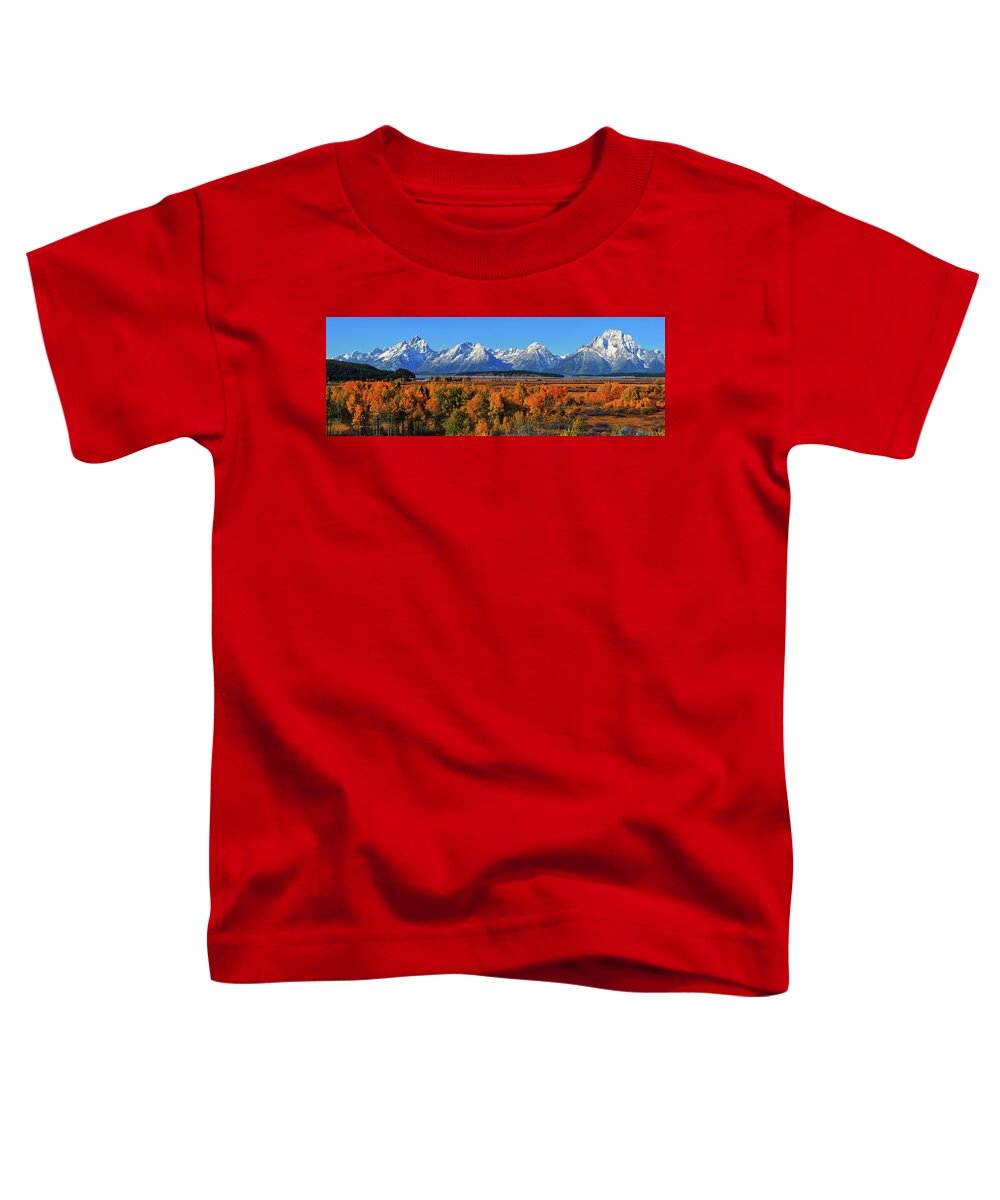 Grand Teton National Park Toddler T-Shirt featuring the photograph Grand Teton National Park Autumn Panorama by Greg Norrell