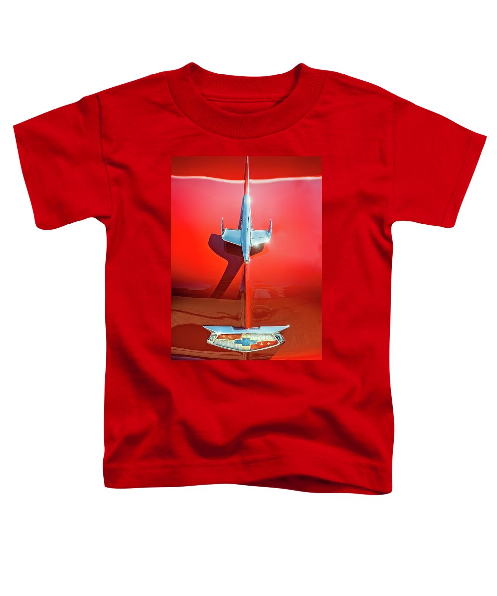 Vehicle Toddler T-Shirt featuring the photograph Hood Ornament on a Red 55 Chevy by Scott Norris