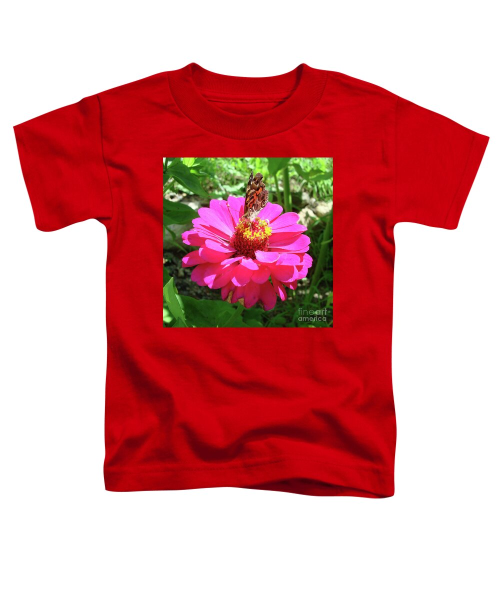 Painted Lady Toddler T-Shirt featuring the photograph Painted Lady and Zinnia 2 by Amy E Fraser