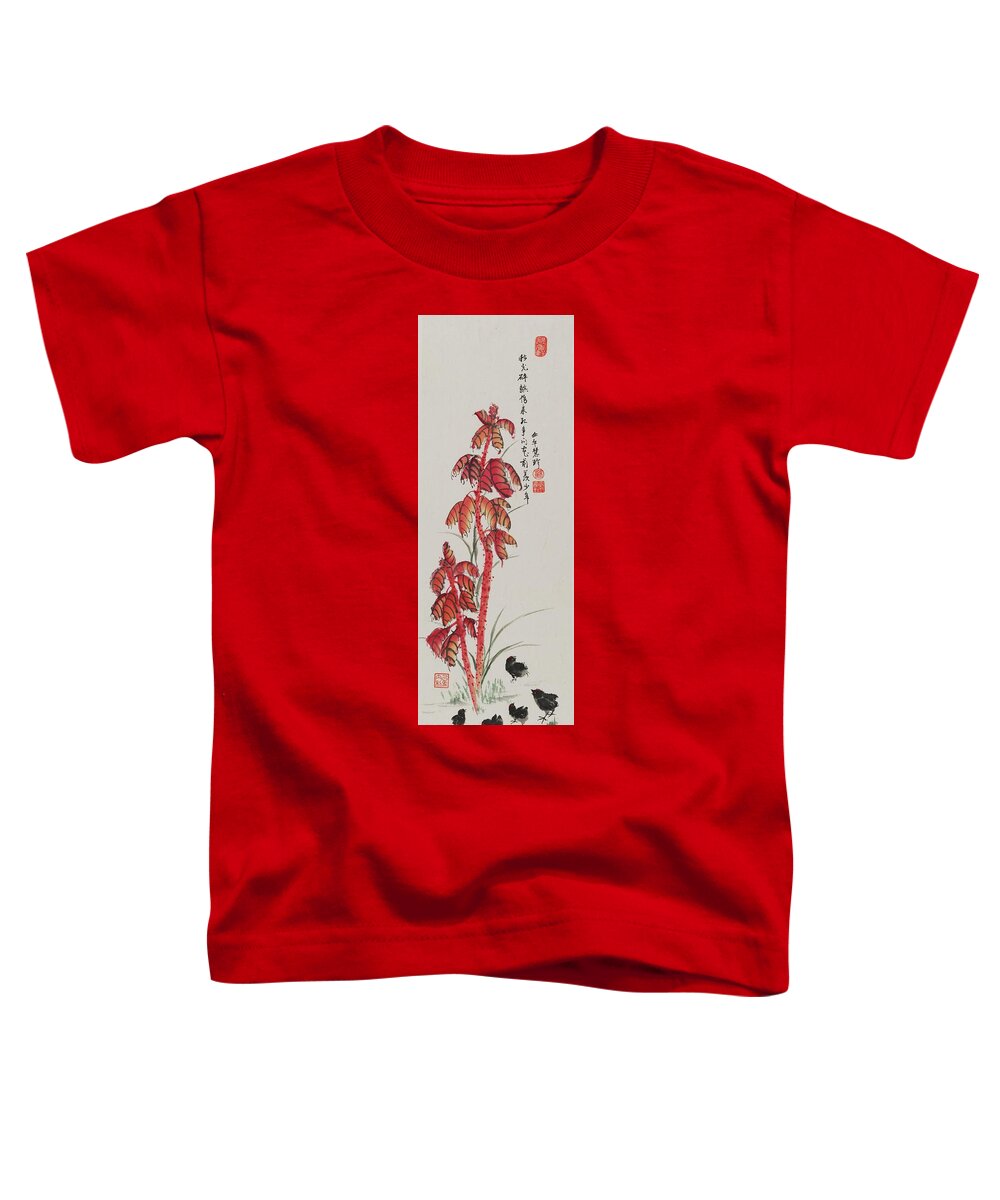 Chinese Watercolor Toddler T-Shirt featuring the painting Yan Lai Hong Tree with Baby Chicks by Jenny Sanders