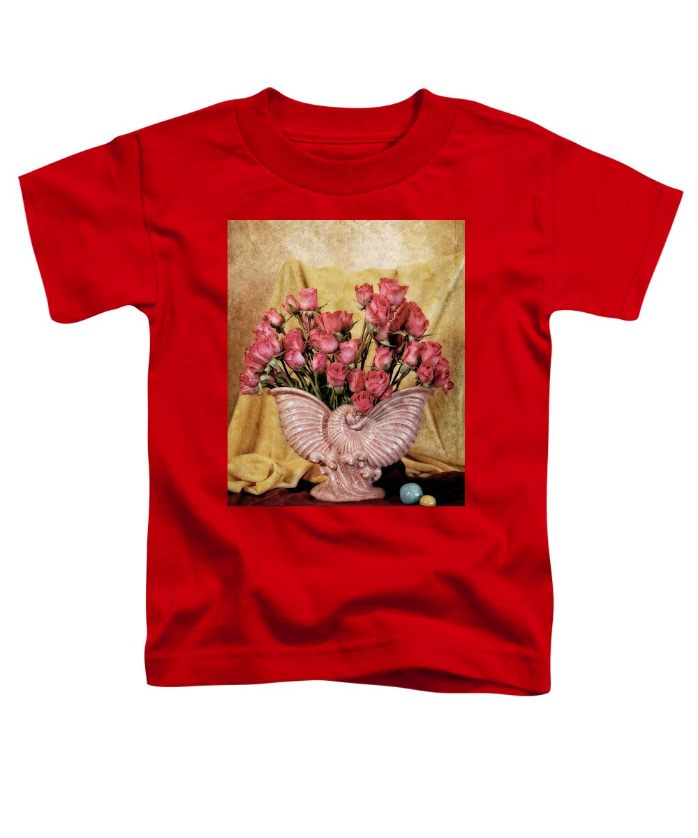 Pink Vase Toddler T-Shirt featuring the photograph Roses in Pink Vintage Vase by Sandra Selle Rodriguez