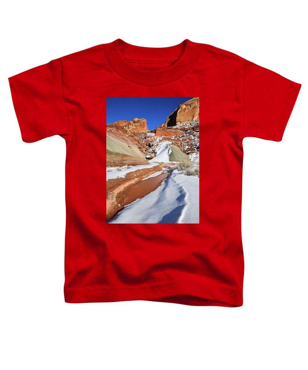 Capitol Reef National Park Toddler T-Shirt featuring the photograph Snow Melts Beneath Cohab Canyon by Ray Mathis